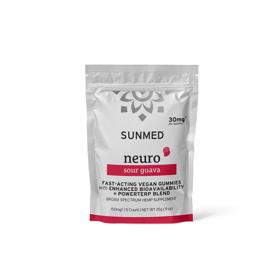 White and red Sunmed CBD Broad Spectrum Neuro Water Soluble CBD Gummies Starter Pack featuring a 5-count package with each gummy containing 30mg of CBD.