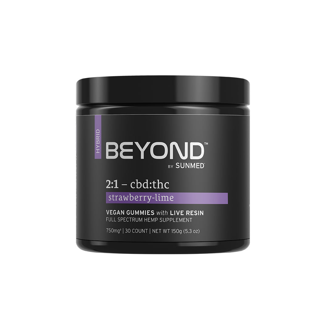 A black jar labeled "Beyond 2:1 Hybrid Live Resin Gummies" by Sunmed CBD.