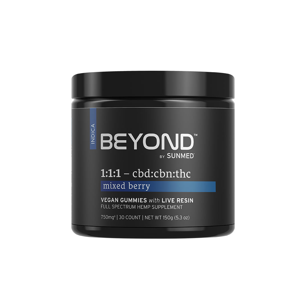 Black jar labeled "Sunmed CBD Beyond 1:1:1 Indica Live Resin Gummies" on a white background—ideal for those seeking full-body relaxation from vegan sleep gummies.