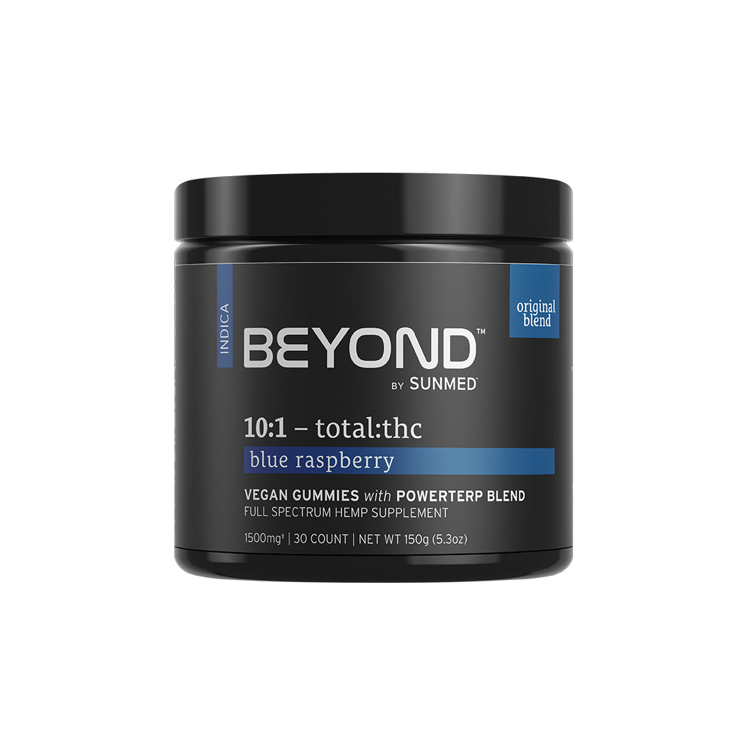 A black jar labeled "Beyond Indica CBD Gummies" by Sunmed CBD, 30 count, featuring a terpene-rich blend and full spectrum hemp extract.
