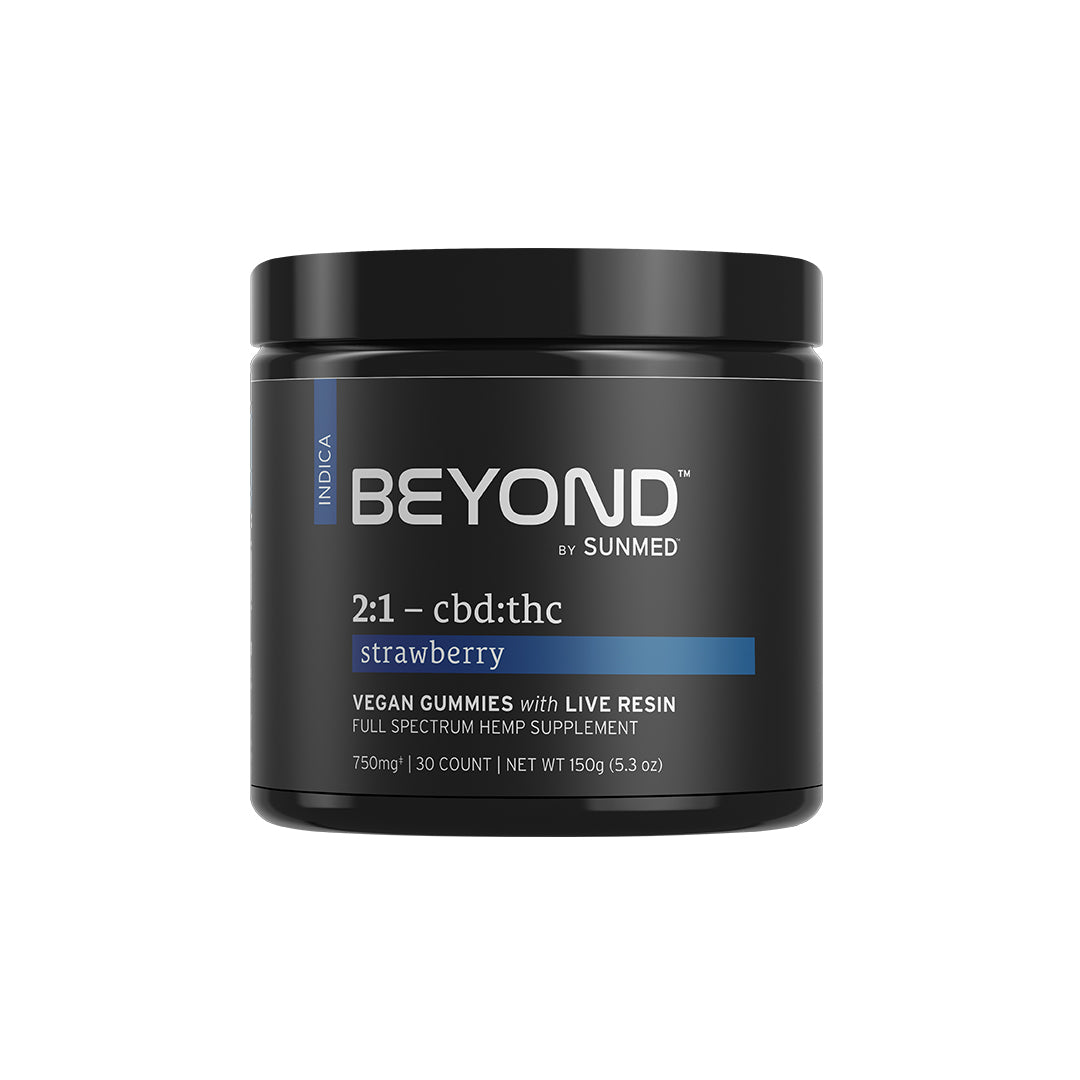 Black jar labeled "Beyond 2:1 Indica Live Resin Gummies by Sunmed CBD" with blue and white accents, featuring full spectrum hemp extract for enhanced CBD sleep support.