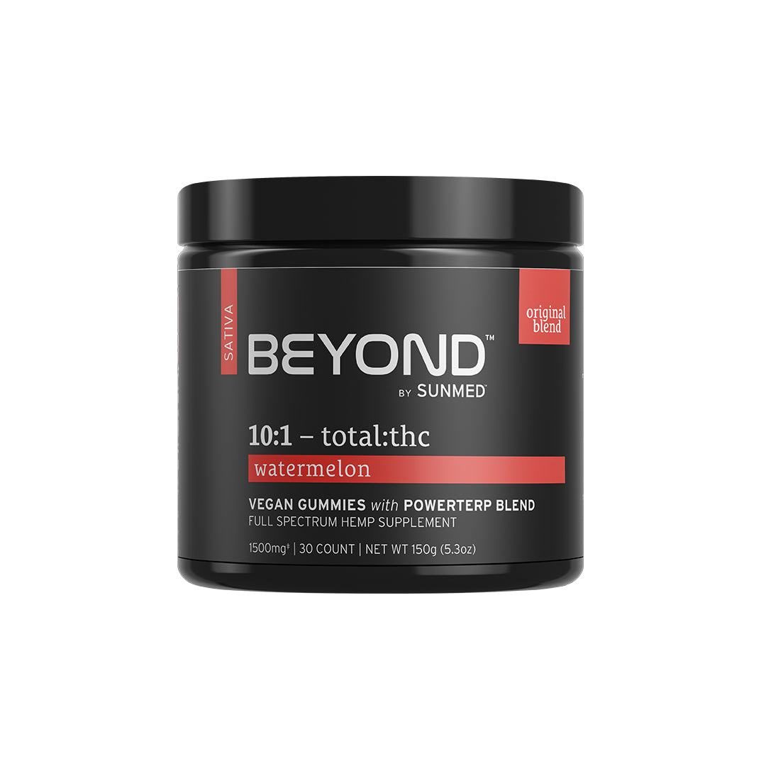 Black jar labeled “Sunmed CBD Beyond Sativa CBD Gummies, original blend, terpene-rich formula, 30 count.”.