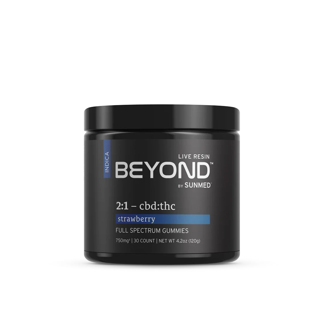 A black jar labeled “Sunmed CBD *30% Off* - 2:1 Indica Gummies 3-Pack” with strawberry gummies, 30 count.