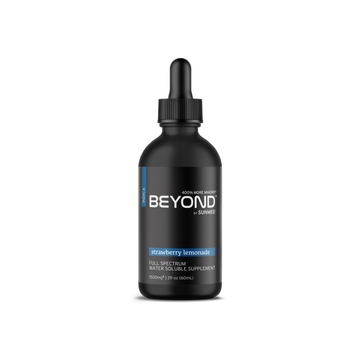 A 60ml black dropper bottle labeled "Sunmed CBD Beyond Indica CBD Water Soluble" offers rapid relaxation with its Strawberry Lemonade flavor.