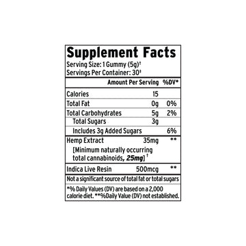Supplement Facts label for Sunmed CBD Beyond 1:1:1 Indica Live Resin Gummies, featuring details on calories, sugars, hemp extract, and indica live resin content. These expertly crafted CBN CBD THC gummies are designed to promote full-body relaxation.