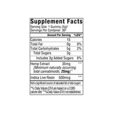 Supplement Facts label for Sunmed CBD Beyond 2:1 Indica Live Resin Gummies, listing calories, hemp extract, indica live resin, sugars, and daily values. These CBD THC gummies are formulated to support sleep.