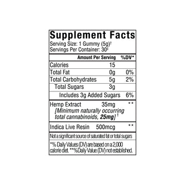 Supplement Facts label for Sunmed CBD Beyond 2:1 Indica Live Resin Gummies, listing calories, hemp extract, indica live resin, sugars, and daily values. These CBD THC gummies are formulated to support sleep.