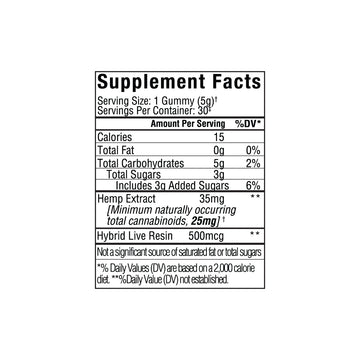 Supplement Facts label for Sunmed CBD Beyond 2:1 Hybrid Live Resin Gummies, listing calories, carbohydrates, hemp extract, delta-9 THC, and hybrid live resin per serving.