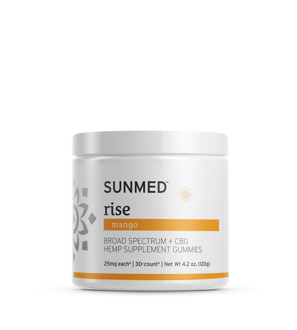 White jar labeled "Sunmed CBD Broad Spectrum Rise CBG Gummies, 30 count," formulated to promote morning focus.