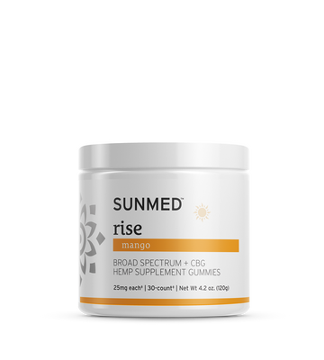 White jar labeled "Sunmed CBD Broad Spectrum Rise CBG Gummies, 30 count," formulated to promote morning focus.