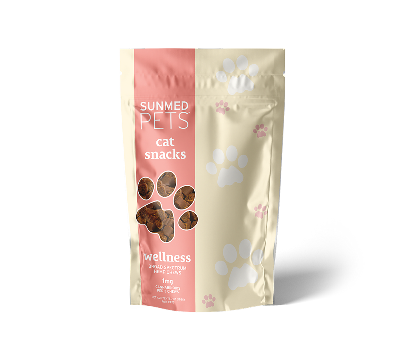 A beige and pink bag of Sunmed CBD Broad Spectrum CBD Cat Treats features paw print designs and a clear window displaying the snacks inside.