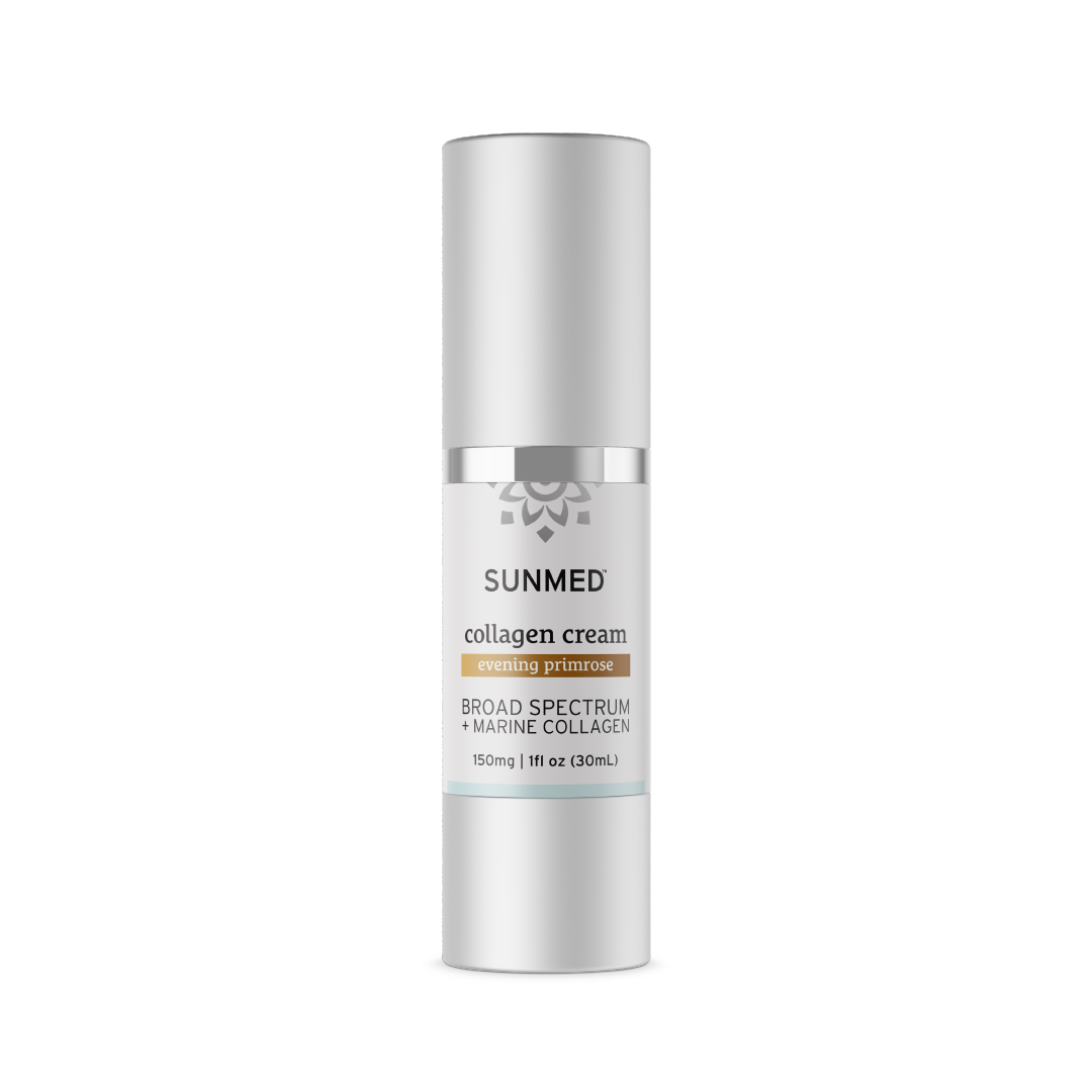 Image of SunMed CBD Broad Spectrum Collagen Cream with Evening Primrose in a cylindrical silver bottle, 150 mg, 1 fl oz (30 mL), enriched with Marine Collagen for Anti-Aging Moisture.