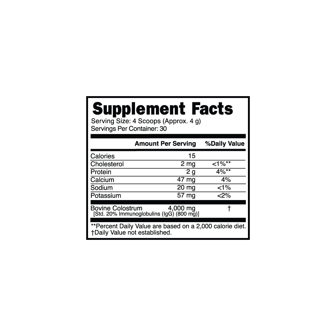 Sunmed CBD Grass-Fed Colostrum Powder supplement facts label displays nutrients, values, and daily percentages to support immune function and gut health.