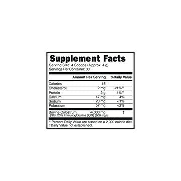 Sunmed CBD Grass-Fed Colostrum Powder supplement facts label displays nutrients, values, and daily percentages to support immune function and gut health.