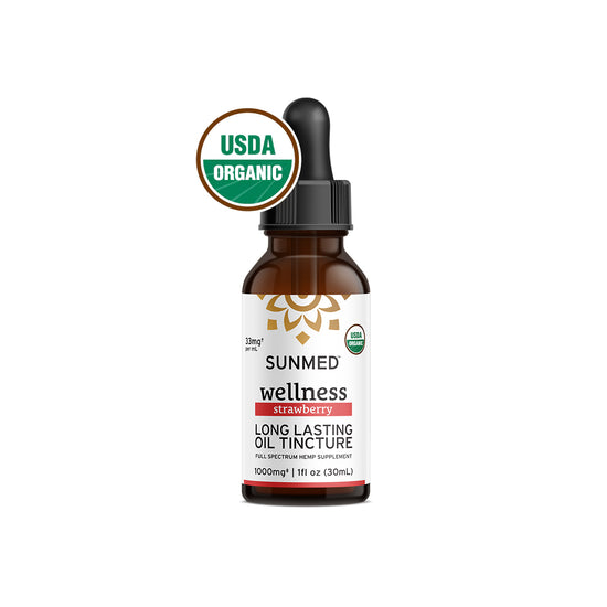 A bottle of Sunmed CBD Organic Full Spectrum CBD Tincture with a dropper, featuring the strawberry-flavored PowerTERP™ blend and labeled USDA Organic.