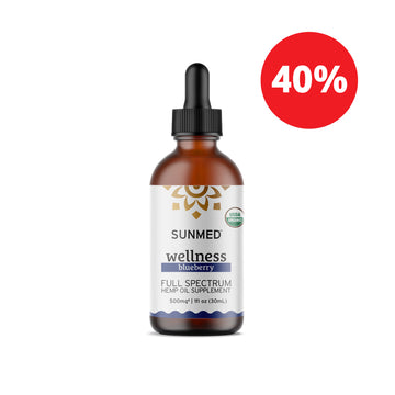 A bottle of Sunmed CBD Organic Full Spectrum CBD Tincture with a dropper and a red "40%" discount label, featuring premium hemp extract for trusted quality.