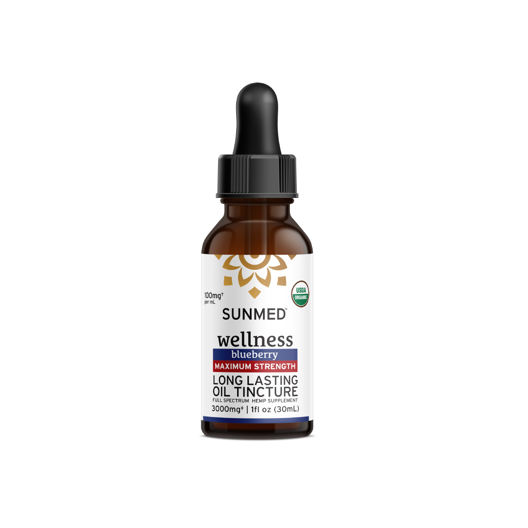 A bottle of Organic Full Spectrum CBD Tincture by Sunmed CBD with a dropper cap, labeled "Maximum Strength" and "Long Lasting," featuring hemp-derived cannabinoids.