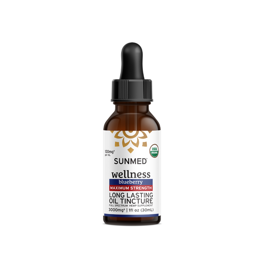 A bottle of Organic Full Spectrum CBD Tincture by Sunmed CBD with a dropper cap, labeled 
