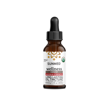 A brown glass dropper bottle labeled "Sunmed CBD Organic Full Spectrum CBD Tincture, 3000mg, 1 fl oz," contains hemp-derived cannabinoids for enhanced wellness.