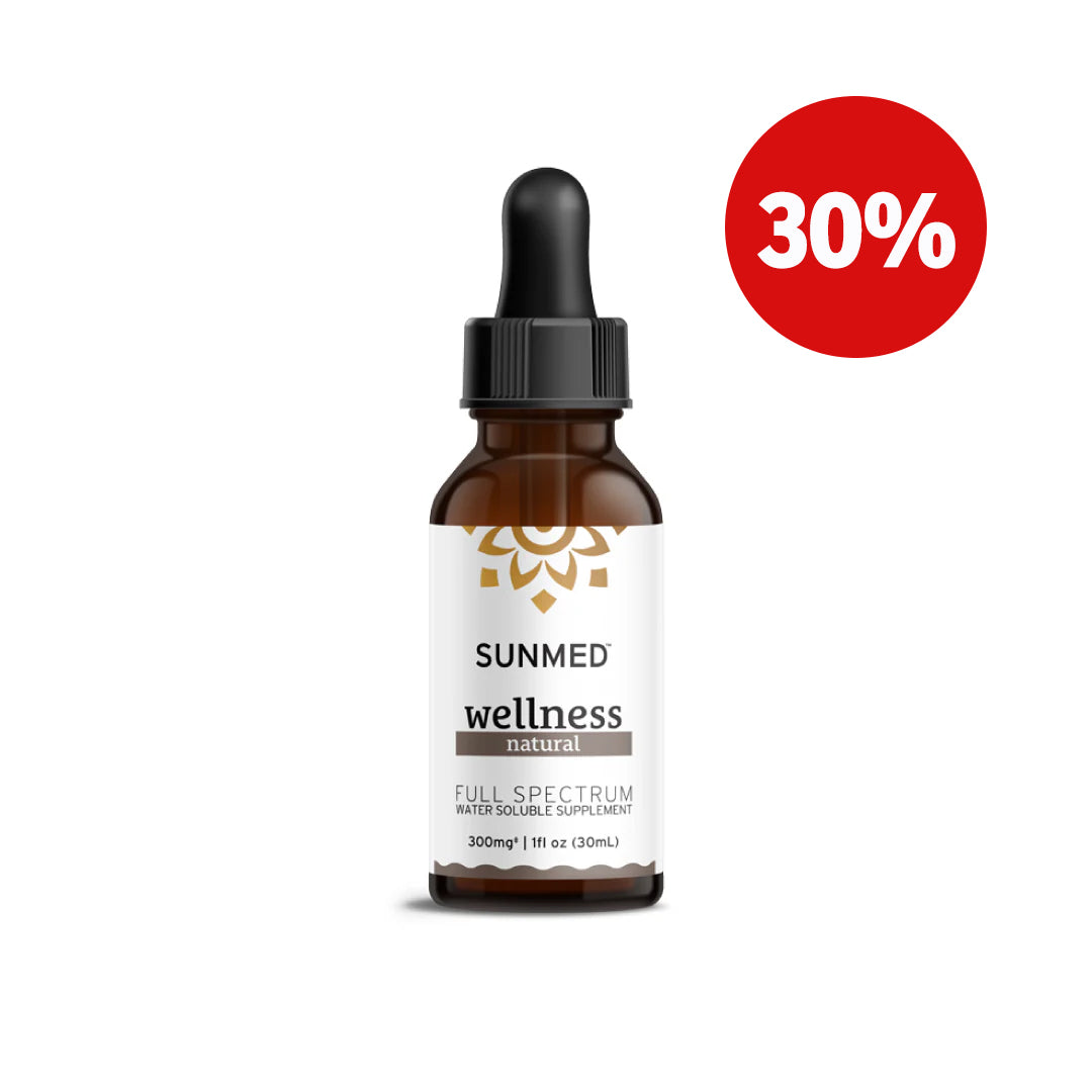 A "SUNMED CBD" dropper bottle, labeled "Full Spectrum Wellness CBD Water Soluble," is adorned with a striking red sticker offering "30% off," highlighting its premium formula.