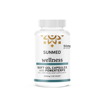 A 30-count bottle of Sunmed CBD Full Spectrum CBD Soft Gel Capsules, providing 50mg of full-spectrum hemp extract per capsule for a daily CBD dose.