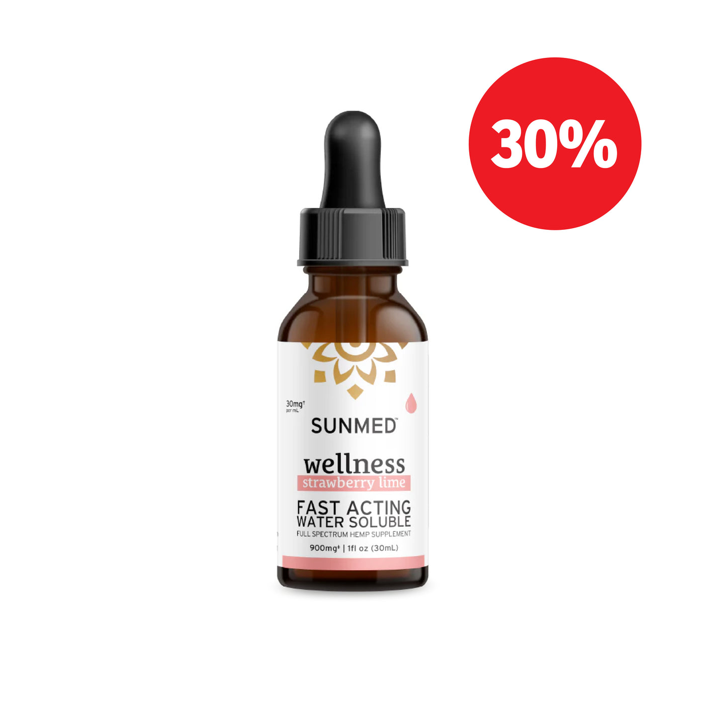 Sunmed CBD Full Spectrum Wellness CBD Water Soluble bottle with dropper, made from organic hemp, appears next to a red "30%" discount circle.