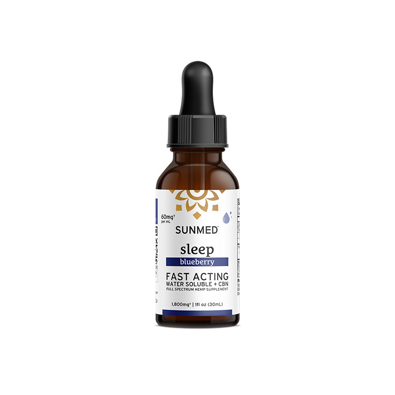 A bottle of Sunmed CBD Full Spectrum Sleep CBN Water Soluble blueberry-flavored sleep supplement with a dropper cap, labeled "fast acting CBN Water Soluble + Full Spectrum hemp extract.