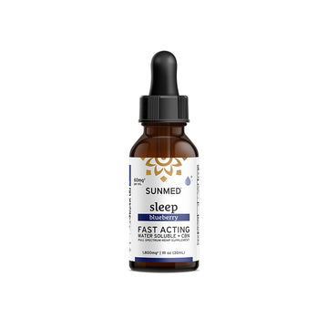 A brown dropper bottle labeled "Sunmed CBD Full Spectrum Sleep CBN Water Soluble" features water soluble hemp extract for a potent CBD sleep aid.