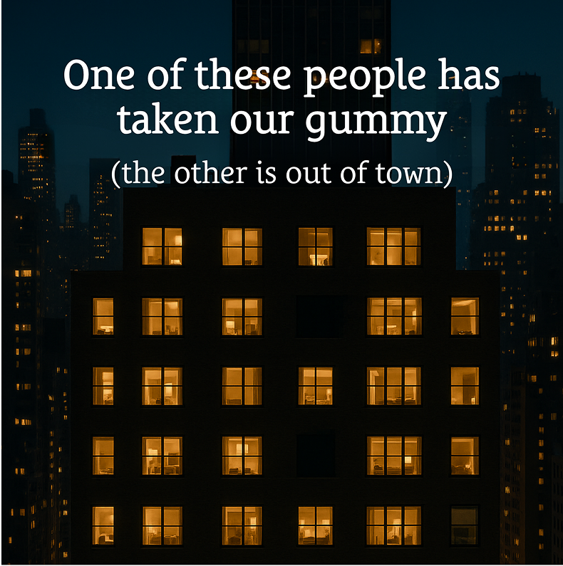 Lit windows of a city building at night, with text about someone taking Sunmed CBD Full Spectrum Sleep CBN Gummies Mobile while another person is out of town.