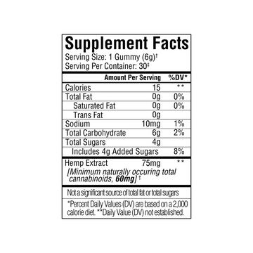Supplement Facts for Sunmed CBD Full Spectrum Sleep CBN Gummies Mobile: 15 calories, 4g sugar, 75mg hemp extract, and more—formulated as a hemp sleep supplement to naturally support better sleep.