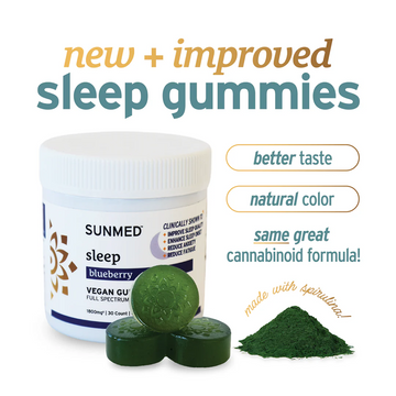 A jar of Sunmed CBD Full Spectrum Sleep CBN Gummies Mobile, featuring green gummies with spirulina powder, highlights new features to promote better sleep as a natural hemp supplement.