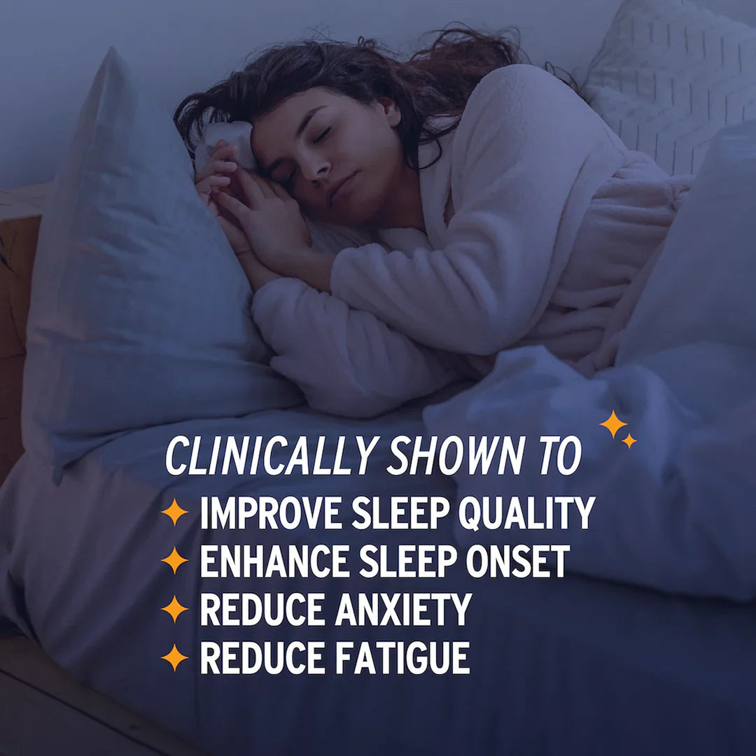 Woman sleeping in bed with text: Improve sleep quality, fall asleep faster, and reduce anxiety and fatigue—clinically shown. Discover the benefits of Sunmed CBD’s Full Spectrum Sleep CBN Gummies Starter Pack, a natural sleep aid backed by clinical trial results.