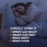 Woman sleeping in bed with text: Improve sleep quality, fall asleep faster, and reduce anxiety and fatigue—clinically shown. Discover the benefits of Sunmed CBD’s Full Spectrum Sleep CBN Gummies Starter Pack, a natural sleep aid backed by clinical trial results.