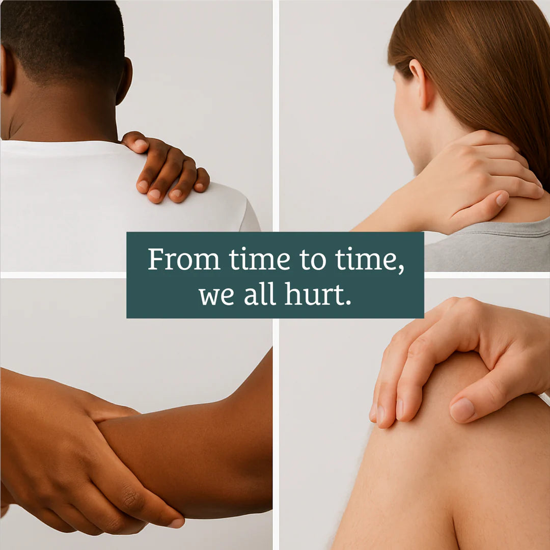 Four people touch sore areas: shoulder, neck, elbow, and knee. Text reads, “From time to time, we all hurt.” Experience soothing comfort with Sunmed CBD’s Full Spectrum Relief CBD Cream Sample Tube—a topical solution enriched with premium hemp extract to help ease everyday aches.