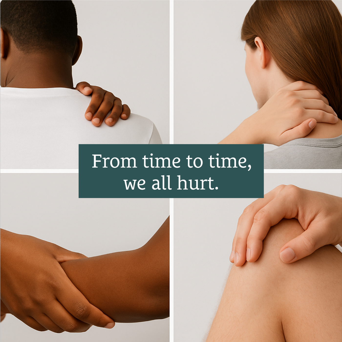 Four people touch pain points under the text "From time to time, we all hurt," suggesting topical relief from Sunmed CBD's Full Spectrum Relief CBD Cream with soothing hemp extract.