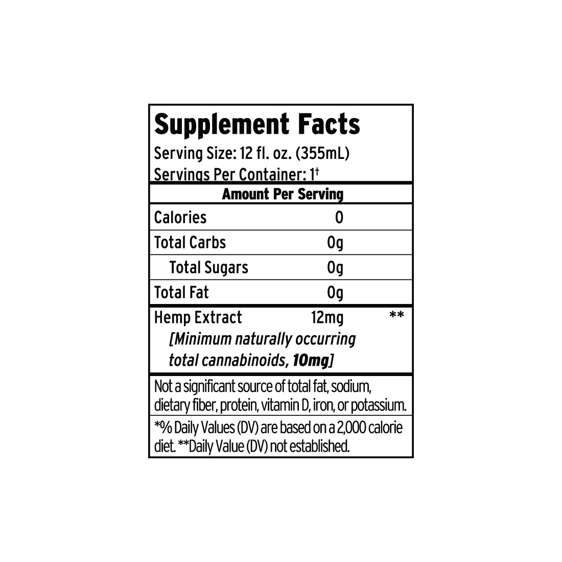 Supplement facts label for a 12 fl. oz. hemp beverage with zero calories, fat, carbs, or sugar. Infused with premium hemp extract, this refreshing Fruit Punch Delta 9 THC Seltzer from Sunmed CBD offers a crisp and flavorful way to enjoy the benefits of hemp with none of the guilt.
