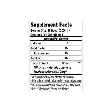 Supplement facts label for a 12 fl. oz. hemp beverage with zero calories, fat, carbs, or sugar. Infused with premium hemp extract, this refreshing Fruit Punch Delta 9 THC Seltzer from Sunmed CBD offers a crisp and flavorful way to enjoy the benefits of hemp with none of the guilt.