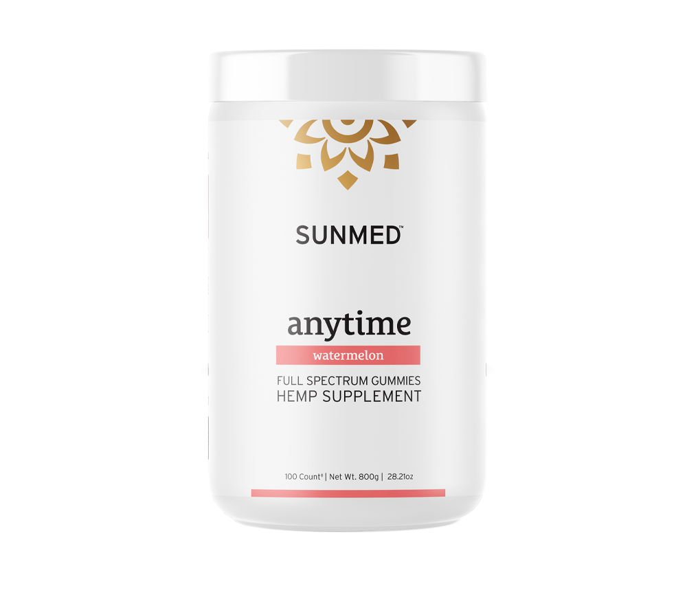 A white jar labeled "Full Spectrum Anytime CBD Gummies" by Sunmed CBD sits on a plain background, featuring tasty hemp-derived gummies for your daily wellness routine.