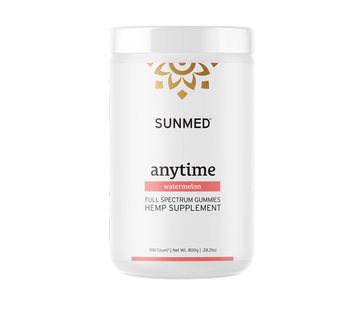 A white jar labeled "Full Spectrum Anytime CBD Gummies" by Sunmed CBD sits on a plain background, featuring tasty hemp-derived gummies for your daily wellness routine.