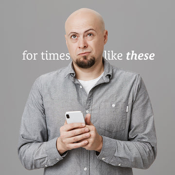 Bald man in gray shirt holding phone, looking up confused. Text: "for times like these." Try Sunmed CBD&