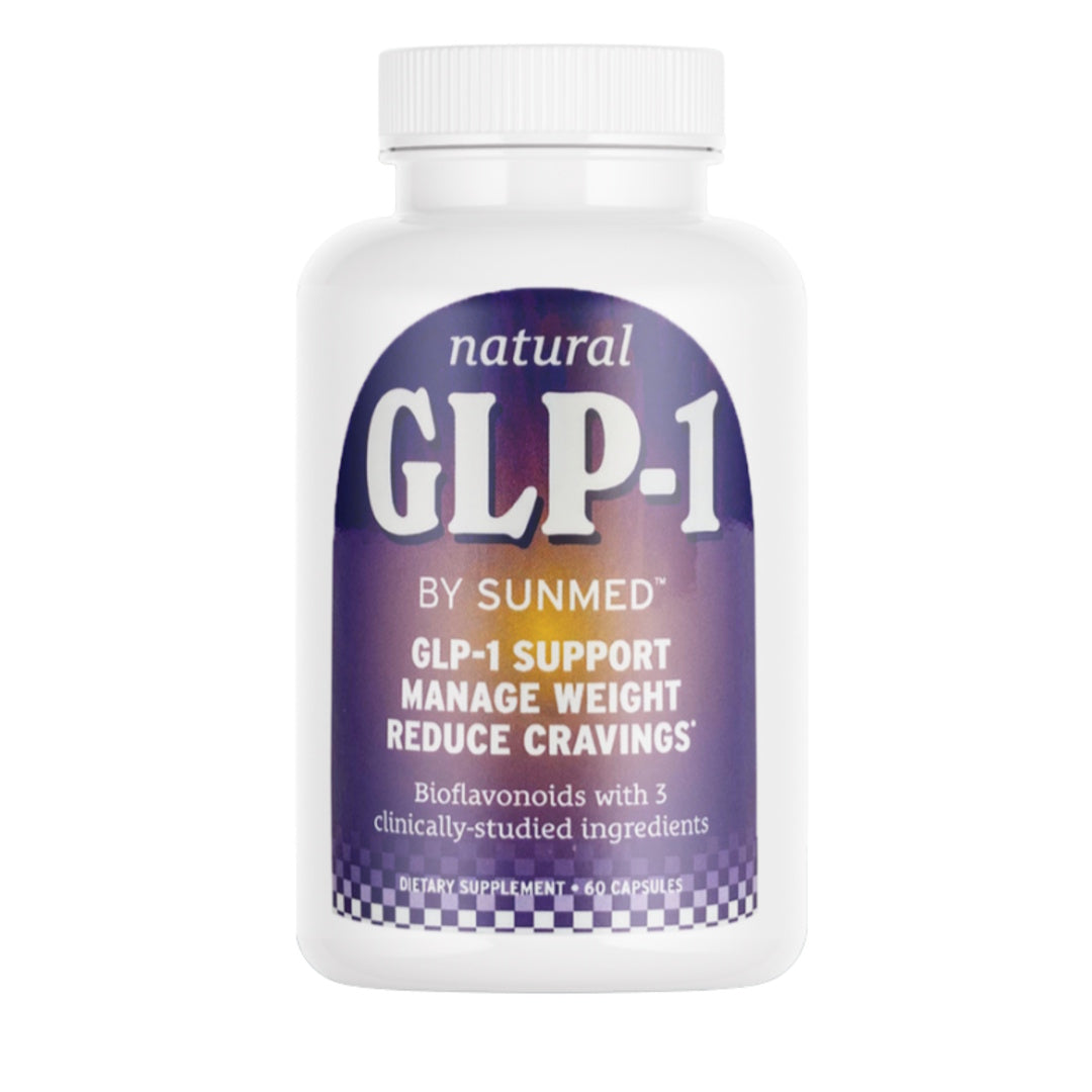 White bottle labeled “*15% Off* - GLP-1 Powder Capsule by Sunmed CBD” for weight management and craving reduction, 60 capsules.