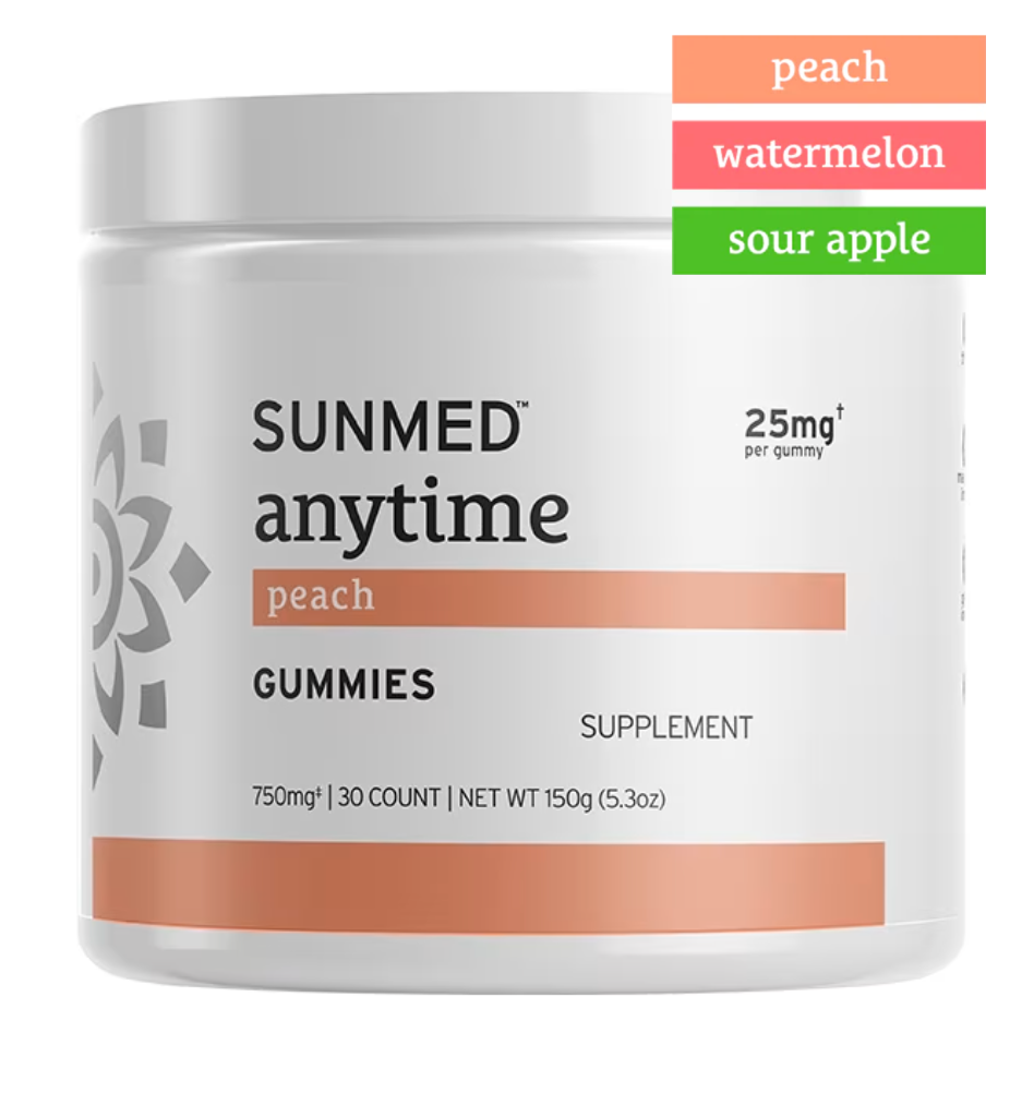A container of Sunmed CBD *15% Off* - Anytime Gummies 30ct, available in peach, watermelon, and sour apple flavors.