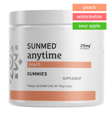 A container of Sunmed CBD *15% Off* - Anytime Gummies 30ct, available in peach, watermelon, and sour apple flavors.