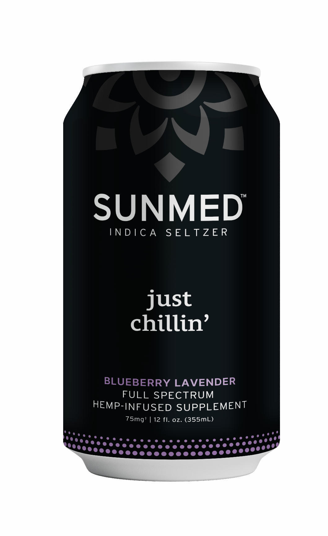 A can of Beyond Just Chillin' Indica THC Seltzer by Sunmed CBD labeled with "just chillin'" and "Blueberry Lavender Full Spectrum Hemp-Infused Supplement," featuring a hint of hemp extract.