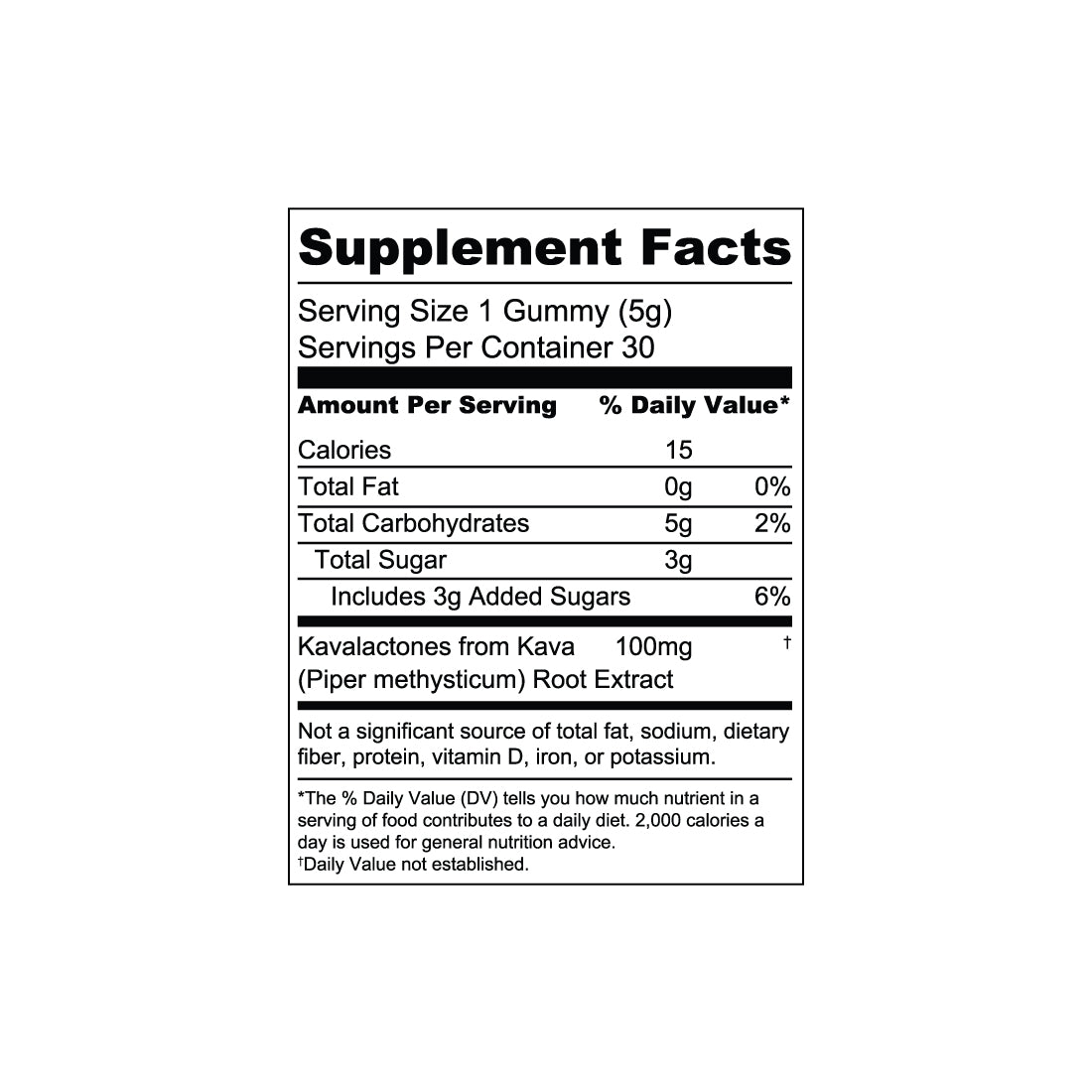 Supplement Facts label for Sunmed CBD Kava Gummies, detailing calories, carbs, sugar, and kava root extract per serving—perfect for those seeking stress relief with tasty Kava Gummies from Sunmed CBD.
