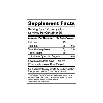 Supplement Facts label for Sunmed CBD Kava Gummies, detailing calories, carbs, sugar, and kava root extract per serving—perfect for those seeking stress relief with tasty Kava Gummies from Sunmed CBD.