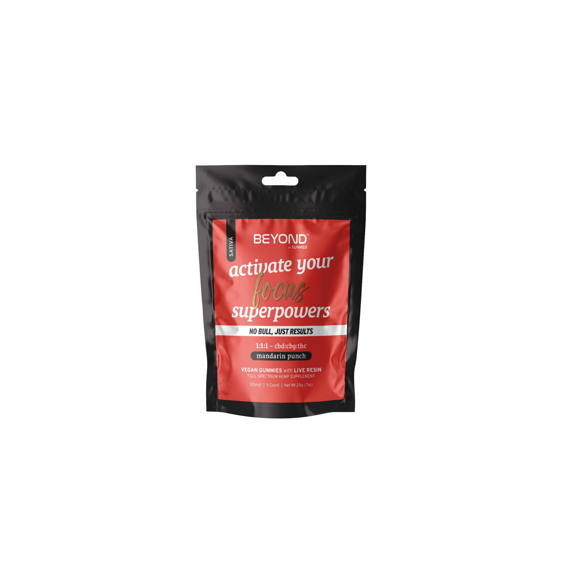Red and black pouch labeled “activate your focus superpowers” vegan Beyond Sativa 1:1:1 CBG Gummies Starter Pack, mandarin punch flavor, by Sunmed CBD.