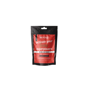 Red and black pouch labeled “activate your focus superpowers” vegan Beyond Sativa 1:1:1 CBG Gummies Starter Pack, mandarin punch flavor, by Sunmed CBD.