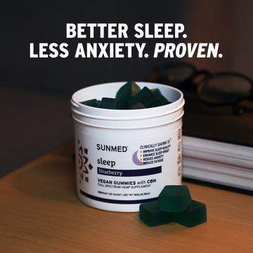 A container of Sunmed CBD Full Spectrum Sleep CBN Gummies on a table with the caption "Better Sleep. Less Anxiety. Proven CBN Gummies.