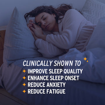 A woman sleeping in bed with text listing benefits: "Improve sleep quality, enhance sleep onset, reduce anxiety, reduce fatigue." Consider using Sunmed CBD&